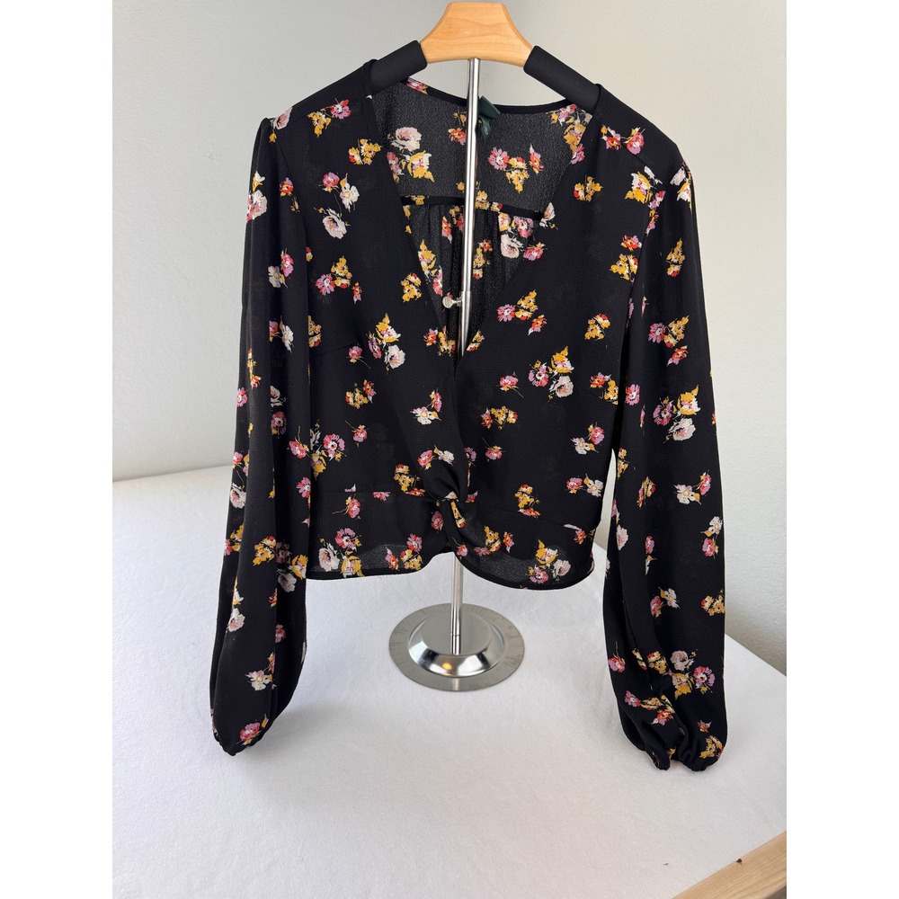 Wild Fable Women's Floral Twist Front Blouse XXL Black Long Sleeve